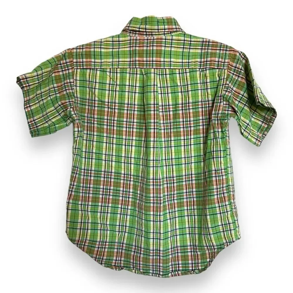 Ralph Lauren Boys Shirt Sz‎ 5 Green Orange Yellow Plaid Button Down Short Sleeve